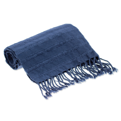 Cotton scarf, 'Blue Catwalks' - Blue Cotton Scarf with Braided Fringes Handloomed in Mexico