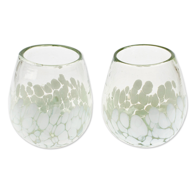 Handblown recycled glass stemless wine glasses, 'White Strokes' (pair) - Pair of Stemless Wine Glasses Handblown from Recycled Glass