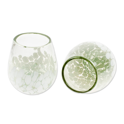 Handblown recycled glass stemless wine glasses, 'White Strokes' (pair) - Pair of Stemless Wine Glasses Handblown from Recycled Glass