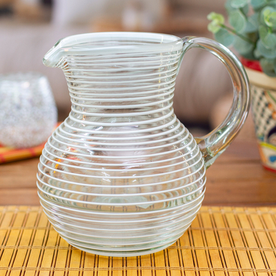 Handblown recycled glass pitcher, White Spirals