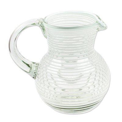 Handblown recycled glass pitcher, 'White Spirals' - Eco-Friendly Handblown Recycled Glass Pitcher from Mexico