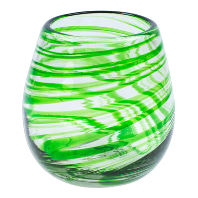 Handblown stemless wine glasses, 'Forest Whirlpool' (set of 2) - Set of 2 Green Handblown Eco-Friendly Stemless Wine Glasses