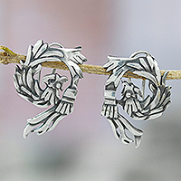 Sterling silver button earrings, 'Quetzalcoatl Blessing' - Sterling Silver Quetzalcoatl Button Earrings from Mexico