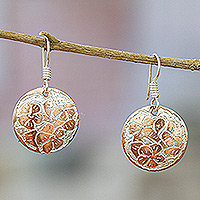 Copper dangle earrings, 'Blooming Shields' - Copper Floral Dangle Earrings with Sterling Silver Plating