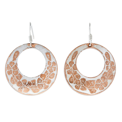 Copper dangle earrings, 'Blooming Auras' - Copper Dangle Earrings with Floral Motifs from Mexico