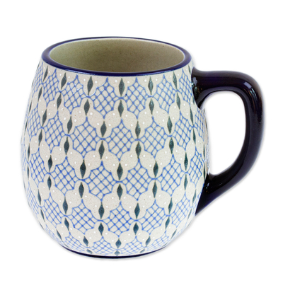Ceramic mug, 'Web in Blue' - Mexican Talavera-Style Ceramic Mug Hand-Painted in Blue