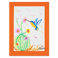 'Hummingbird' - Naif Watercolor Painting of Hummingbird and Cactus