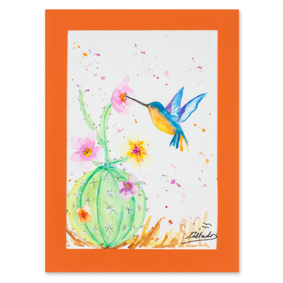 'Hummingbird' - Naif Watercolor Painting of Hummingbird and Cactus