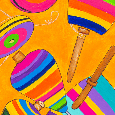 'Juguetes del México de antaño' - Pintura naif colorida hecha con acuarelas