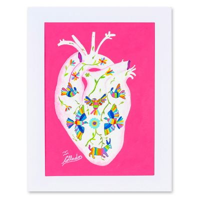 'Otomi Heart' - Colorful Expressionist Stretched Painting from Mexico