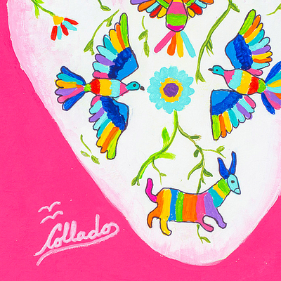 'Otomi Heart' - Colorful Expressionist Stretched Painting from Mexico