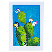 'Indian Fig Opuntia with Fruits' - Day of the Dead Naif Watercolor Painting from Mexico