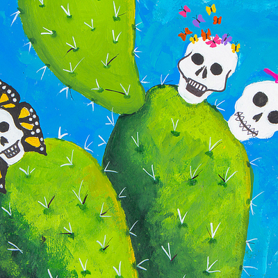 'Indische Feigenopuntie mit Früchten' - Tag der Toten Naif-Aquarellmalerei aus Mexiko