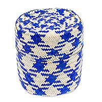 Natural fiber basket, 'Rooster in Blue' - Blue Basket with Lid Hand-Woven from Palm Fiber in Mexico