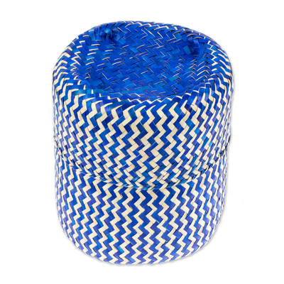 Natural fiber basket, 'Tiger in Blue' - Blue Hand-Woven Palm Fiber Basket with Lid from Mexico