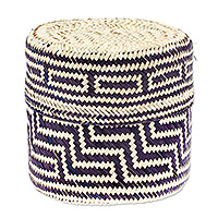 Natural fiber basket, 'Little Navy Blue Trail' - Blue Basket with Lid Hand-Woven from Palm Fiber in Mexico