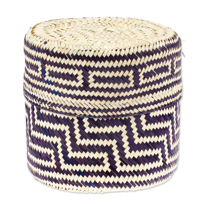 Blue Basket with Lid Hand-Woven from Palm Fiber in Mexico