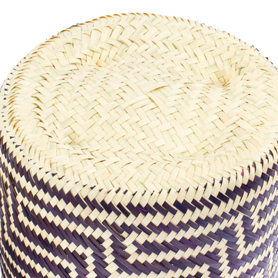 Natural fiber basket, 'Little Navy Blue Trail' - Blue Basket with Lid Hand-Woven from Palm Fiber in Mexico