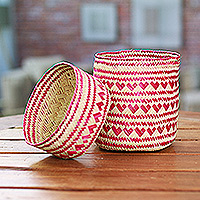 Natural fiber basket, 'Love Red Heart' - Red Hand-Woven Palm Fiber Basket with Lid from Mexico