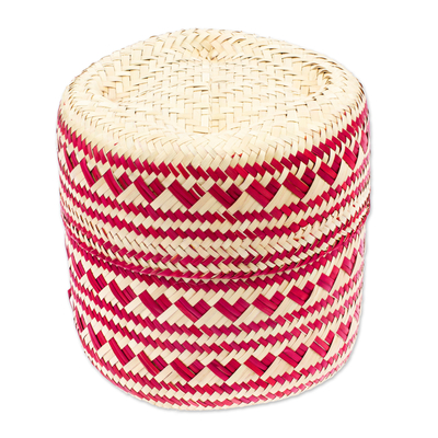 Red Hand-Woven Palm Fiber Basket with Lid from Mexico