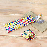 Natural fiber utensil holder, 'Color Burst' - Multicolored Hand-Woven Palm Fiber Utensil Holder with Lid
