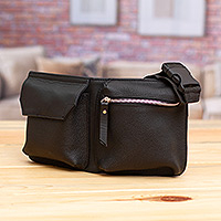 Leather fanny pack, 'Intrepid Darkness' - Black Leather Fanny Pack with Two Front Pockets