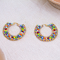Gold-accented beaded hoop earrings, 'Rainbow Flair'