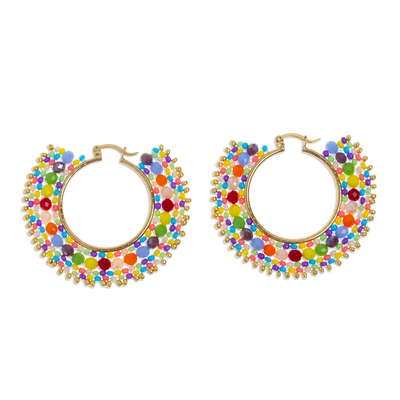 Gold-accented beaded hoop earrings, 'Rainbow Flair' - Colorful 14k Gold-Plated Brass and Glass Beads Hoop Earrings