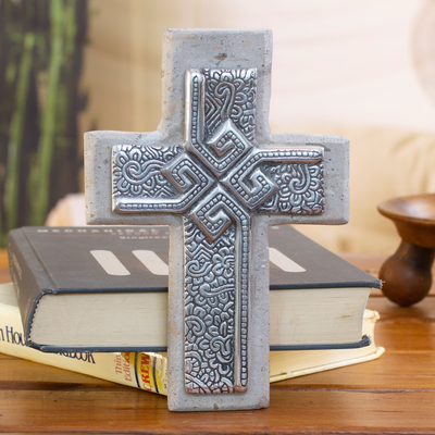 Pewter and reclaimed stone wall cross, 'Timeless Faith' - Eco-Friendly Pewter and Reclaimed Stone Wall Cross