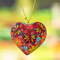 Collar colgante de madera, 'Romantic Hope' - Collar colgante de madera roja con mariposas pintadas a mano
