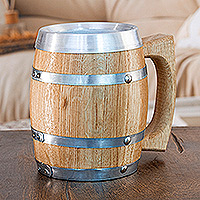 Wood and stainless steel beer mug, 'Memories from the Tavern' - Oak Stave and Stainless Steel Barrel Beer Mug from Mexico