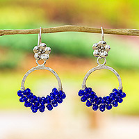 Crystal beaded dangle earrings, 'Blue Imagination' - Blue Crystal Beaded Dangle Earrings with Floral Motifs