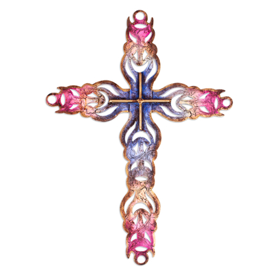 Steel wall art, 'Blue Flames of Faith' - Handcrafted Steel Cross Wall Art in Blue and Pink Hues
