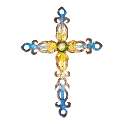 Steel wall art, 'Yellow Flames of Devotion' - Handcrafted Steel Cross Wall Art in Yellow and Blue Hues