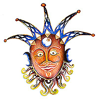Steel wall art, 'Mysterious Laughter' - Handcrafted Jester Steel Wall Art in Blue and Warm Hues