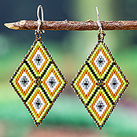 Glass beaded dangle earrings, 'Caramel Deity' - Handcrafted Geometric Glass Beaded Caramel Dangle Earrings