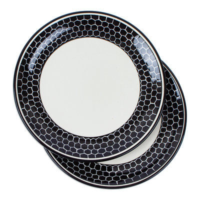 Ceramic luncheon plates, 'Honeycomb Palace' (pair) - Pair of Handcrafted Geometric Ceramic Luncheon Plates