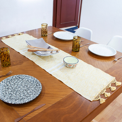 Camino de mesa de algodón - Camino de mesa de algodón tejido a mano en tonos blanco y miel