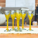 Handblown recycled glass champagne flutes, 'Yellow Strokes' (set of 6) - Set of 6 Handblown Recycled Glass Champagne Flutes in Yellow