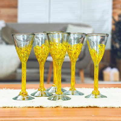 Handblown recycled glass champagne flutes, Yellow Strokes (set of 6)