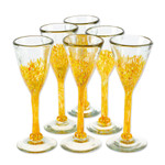 Handblown recycled glass champagne flutes, 'Yellow Strokes' (set of 6) - Set of 6 Handblown Recycled Glass Champagne Flutes in Yellow