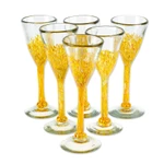 Handblown recycled glass champagne flutes, 'Yellow Strokes' (set of 6) - Set of 6 Handblown Recycled Glass Champagne Flutes in Yellow