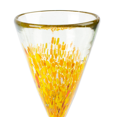 Handblown recycled glass champagne flutes, 'Yellow Strokes' (set of 6) - Set of 6 Handblown Recycled Glass Champagne Flutes in Yellow