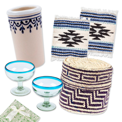 Gift box, 'Sip' - Curated Gift Box with 3 Glasses-Basket-Coasters from Mexico