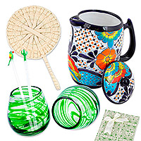 Gift box, 'Salud' - Pitcher & Lid-Glasses-Fan in a Curated Gift Box from Mexico