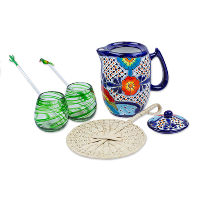 Gift box, 'Salud' - Pitcher & Lid-Glasses-Fan in a Curated Gift Box from Mexico