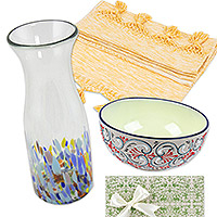 Gift box, 'Nourish' - Gift Box Carafe-Ceramic Bowl-Table Runner from Mexico