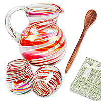 Boxed Gift Set, 'Soiree' - Mexico Gift Box Blown Glass Pitcher-2 Glasses – Wood Spoon