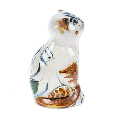 Ceramic figurine, 'Traditional Cat with Dove' - Ceramic Cat Figurine Crafted and Painted by Hand in Mexico