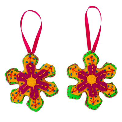 Felt ornaments, 'Multicoloured Snowflakes' (pair) - 2 Snowflake Felt Ornaments Crafted & Embroidered by Hand